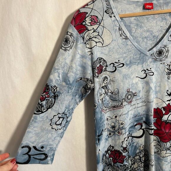 Glima Top Womens L Blue Om Lotus Flower Hippie V Neck 3/4 Sleeve Cotton - Picture 4 of 8